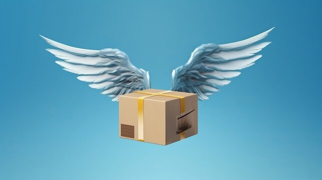 A cardboard box with wings in mid-flight. Generative ai