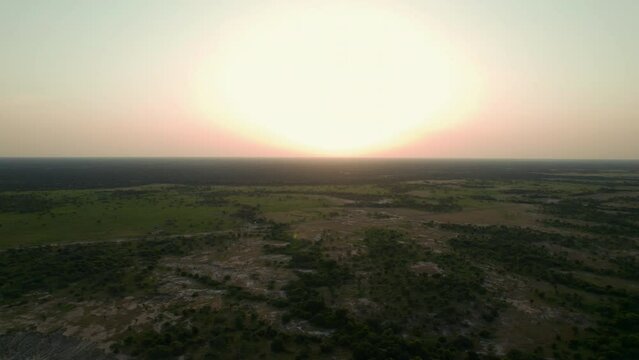 Aerial view of the sun rising over the forest at sunrise in the middle of Africa. Summer day in Chad after the rain season with green jungle next to the sand from a drone flying over the trees