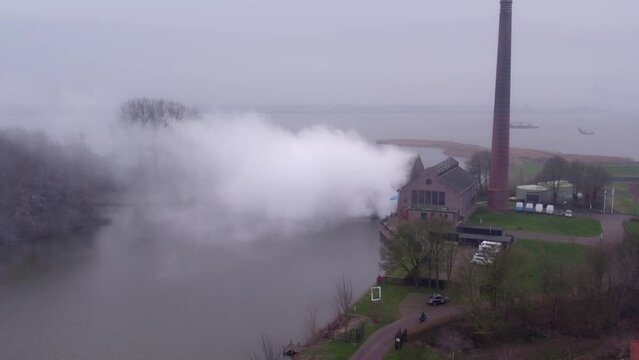 Cloudy morning Woudagemaal Steam Pumping Station at Lemmer, drone 4k