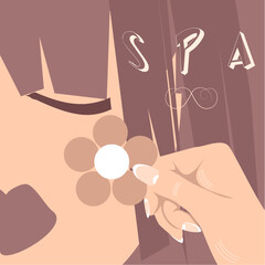 Vector woman face, eyes, lips, hair. Spa flower logo in female hand, icon, emblem, button