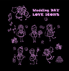 wedding love icons set, kids cartoon design, isolated wed people vector