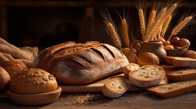 A variety of freshly baked bread displayed on a wooden table. Generative ai - Powered by Adobe