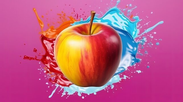A red apple with a colorful paint splash. Generative ai