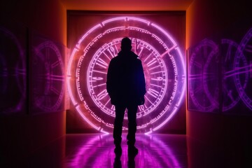 A silhouette of a person standing in front of a clock, symbolizing time travel
