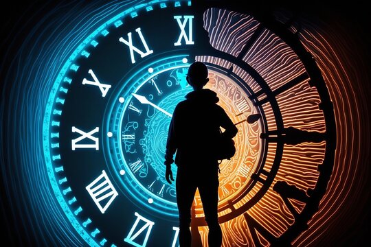 A silhouette of a person standing in front of a clock, symbolizing time travel