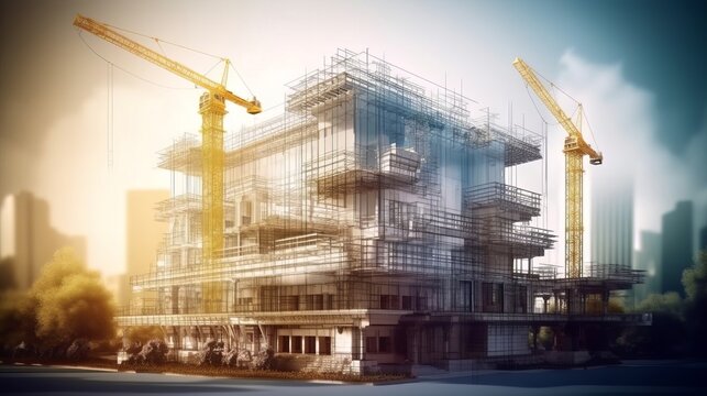 A construction site with multiple cranes in the background. Generative ai