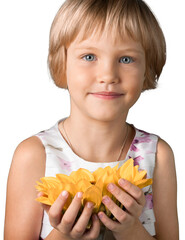 Cute little girl with sunflower on white background