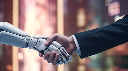 Handshake between futuristic cyborg robot and human hands. Future and communication concept. Robot and Man Shaking Hands close up. Generative AI