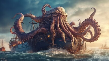 Obraz premium A giant octopus perched on a boat in the middle of the sea. Generative ai