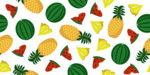 Vector seamless image of Tropical Fruits. Illustration of Pineapples and Watermelons. 