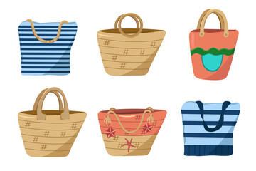 Vector set of beach bags. Color image of summer handbags made of jute, raffia and fabric. The concept of a summer holiday on the beach.