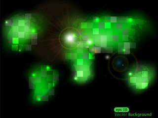 Vector green world map with bright light