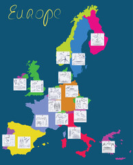 Map of Europe with countries marked with pinned notebook sheets with "hand drawn" main sights and symbols of Each country. Vector illustration.