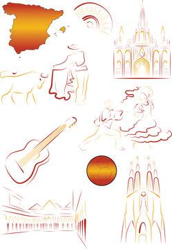 Set of vector drawn stylized sights and symbols of Spain
