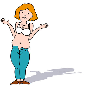 An image of a girl with a muffin top waist who doesn't fit in her jeans.