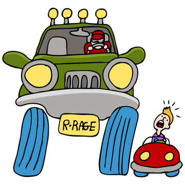 An image of a man driving a large truck angry at a man in a small car.