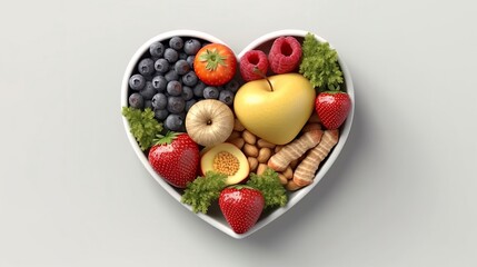 A colorful heart-shaped bowl filled with fresh fruits and vegetables. Generative ai