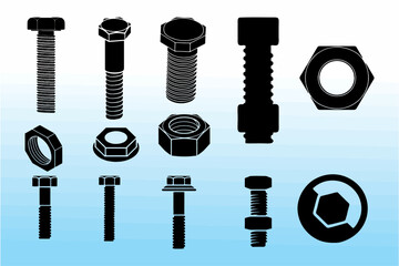 Set of Bolts, Screw Icons, nut Icons, Bolt Screw Sign and Symbols. Editable vector illustration for mechanical industry designing. eps 10.