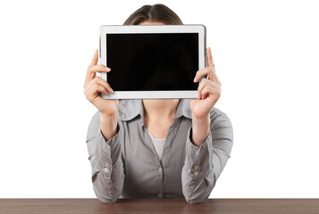 Young woman with tablet on her face