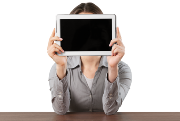 Young woman with tablet on her face