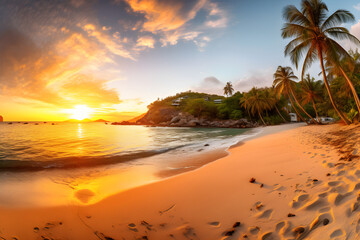 Tropical beach panorama at sunset