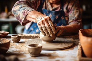 Close up view of senior woman potter hands making ceramics. Generative AI.
