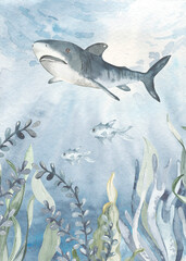 Watercolor map of the underwater world with shark, algae, corals, fish for invitations, postcards