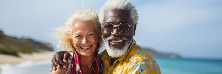 Multirracial senior couple enjoy their retirement at beach. Generative AI.