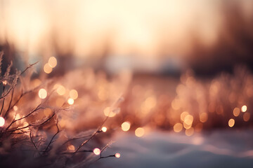 Blurred winter background with warm light bokeh lights