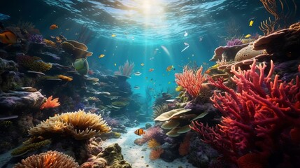 A vibrant coral reef teeming with colorful fish in an underwater setting. Generative ai