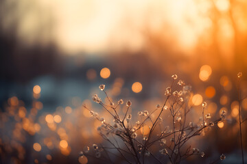Blurred winter background with warm light bokeh lights