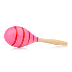 Wooden colored baby rattle isolated on a white background. Bright maracas for a child. Toys for concentration of attention