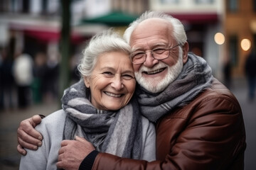 Smiling senior european couple hugging. Generative AI.