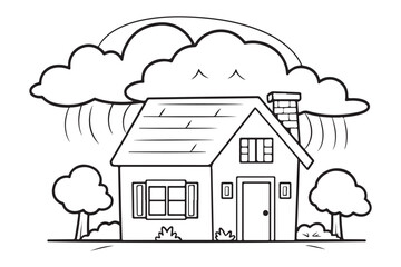 Kids Coloring Pages Vector Art, Cute Home on Rainbow Black and white vector illustration for coloring book