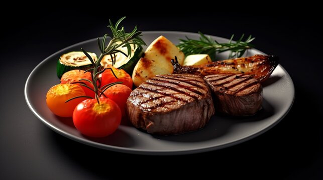 Close-up of a perfect looking delicious plate of perfectly cooked medium-rare steak, served with roasted vegetables and a rich, flavorful sauce. Generative ai