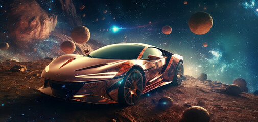 super car, sport, gold, universe, mars, super beautiful, many stars, luxury, flying in space, Generative AI