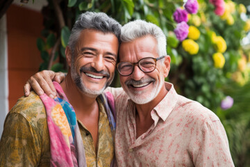 Smiling senior latin gay couple hugging. Generative AI.