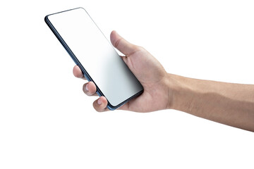 Human hand holding mobile phone with black screen
