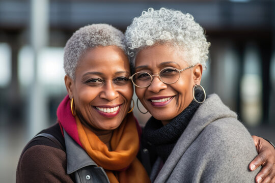 Smiling Senior African Lesbian Couple Hugging. Generative AI.