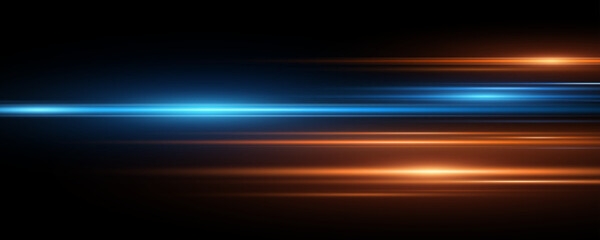 Abstract light effect with orange and blue horizontal galres isolated on black background. Bright flash. Lens flare. Vector illustration.