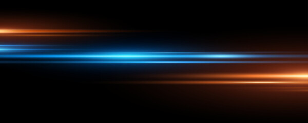 Light effect with orange and blue galres isolated on black background. Horizontal abstract flash. Lens flare. Vector illustration.