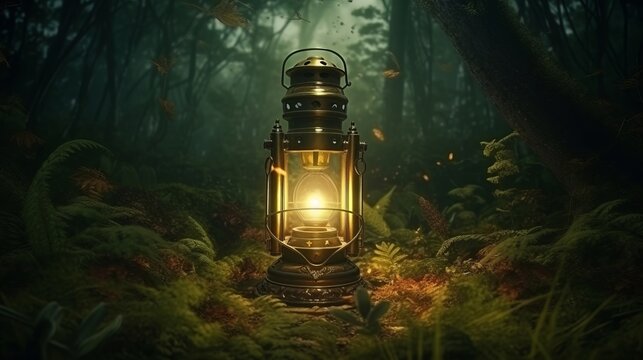 A rustic lantern hanging from a tree in the midst of a dark forest. Generative ai