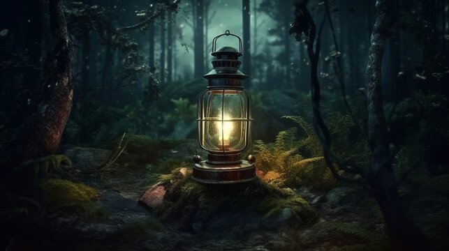 A rustic lantern hanging from a tree in the midst of a dark forest. Generative ai