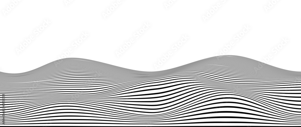 Poster Wavy black stripes background. Curve thin lines pattern. Abstract contour texture. Landscape terrain concept. Vector wallpaper.