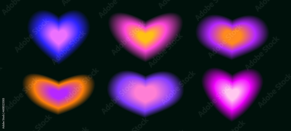 Poster trendy blurry heart shape set. y2k aura collection. blurred smooth gradient elements for logo, templ