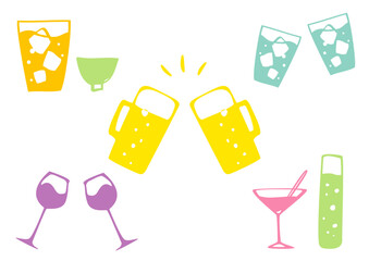 Set of hand drawn drinks. Drinks, cocktails, beer, wine, 
 alcoholic beverages. cheers. Vector illustration. 