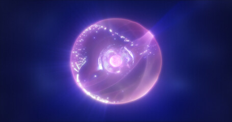 Abstract purple energy sphere with flying glowing bright particles, science futuristic atom with electrons hi-tech background