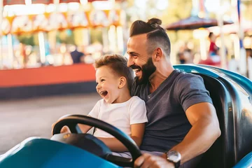 Deurstickers Joyful father and son laughing and enjoying a fun summer vacation, playfully riding a bumper car at an amusement park, generative ai © InputUX