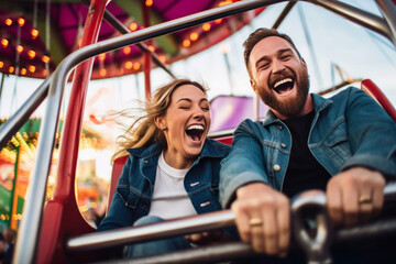 Excited couple enjoying a thrilling, high-speed ride at an amusement park, their laughter symbolizing the fun of a summer vacation, generative ai
