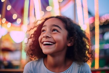 Young girl experiencing wonder and joy at a summer amusement park, captivated by the bright lights and thrilling rides during her fun-filled vacation, generative ai